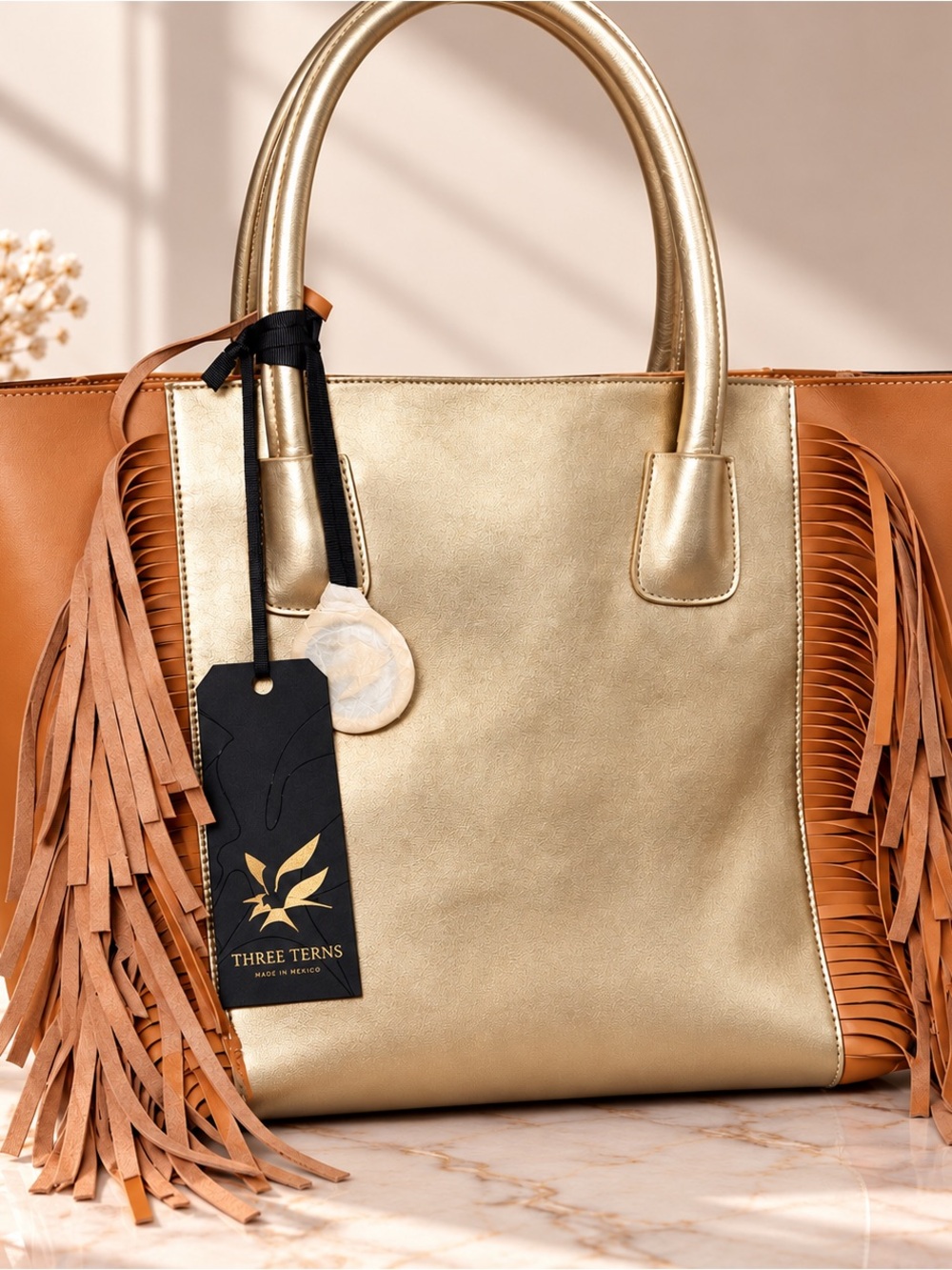 Metallic Gold Tote with Tan Fringe